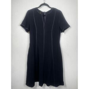 Escada Fit & Flare Navy Blue Split Neck Piped Short Sleeve Dress Sz 44 Women's/L